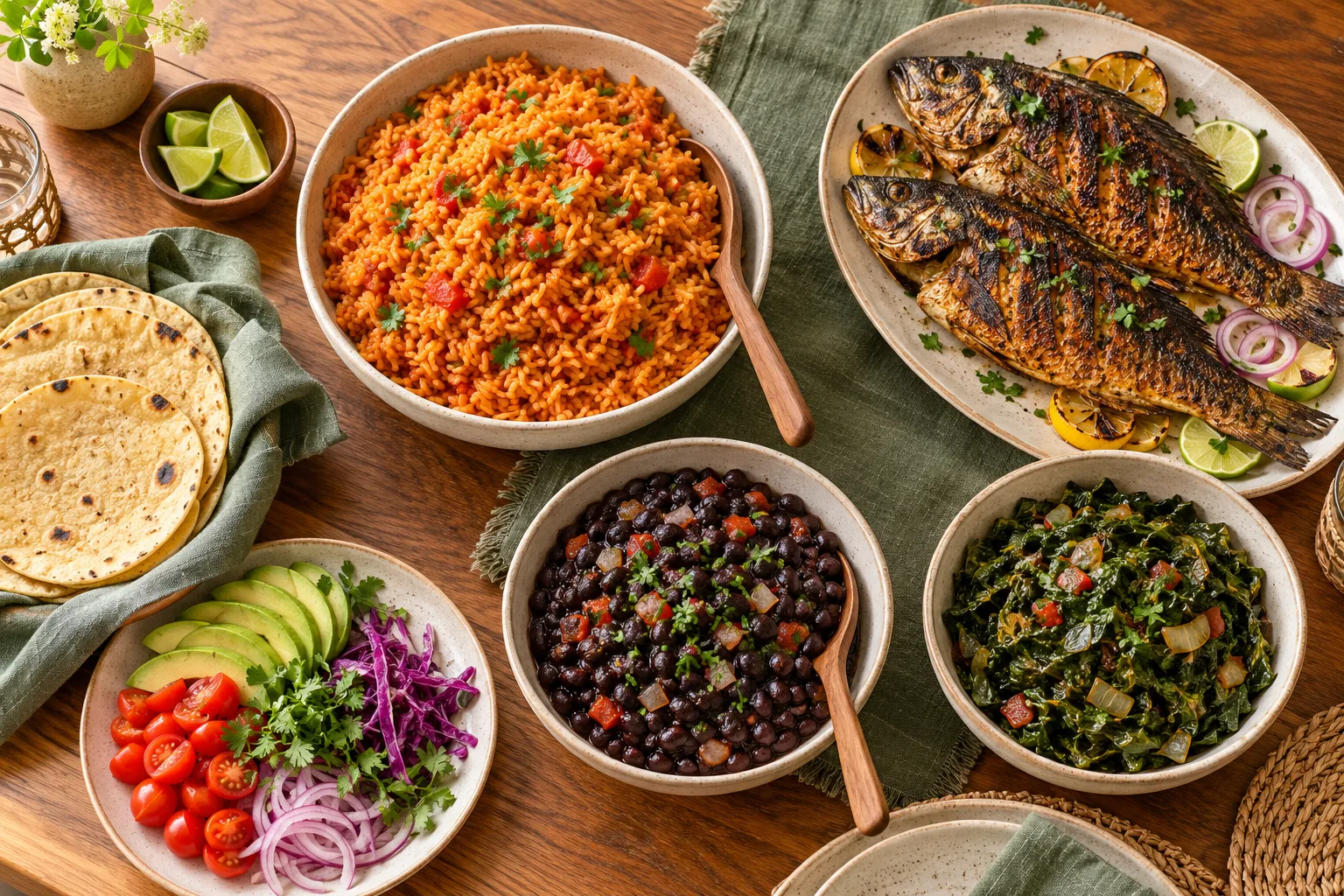 A shared table with jollof rice, grilled fish, beans, greens, and vegetable tortillas