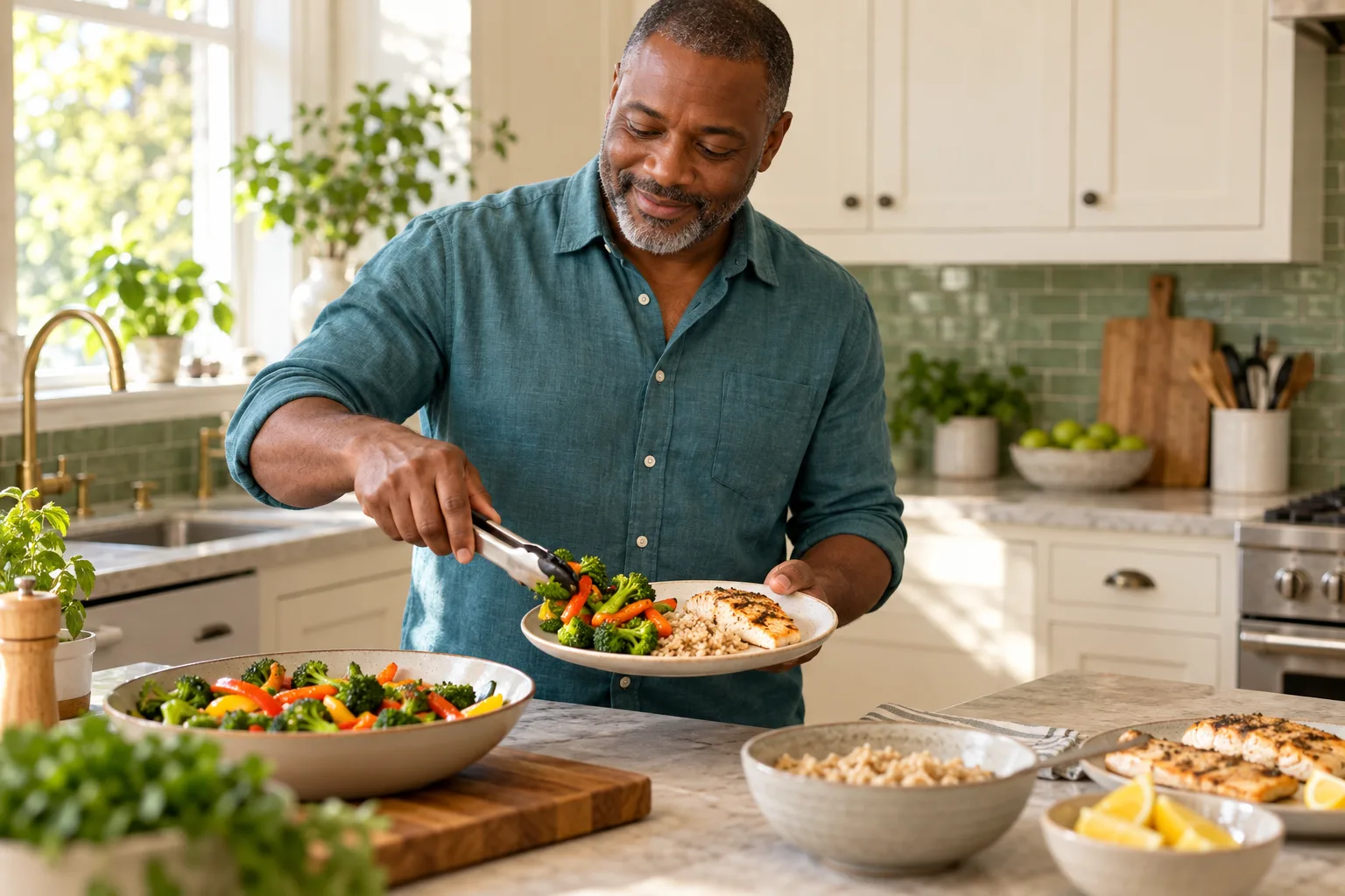 A man preparing a dinner of vegetables, brown rice, and fish in his home kitchen