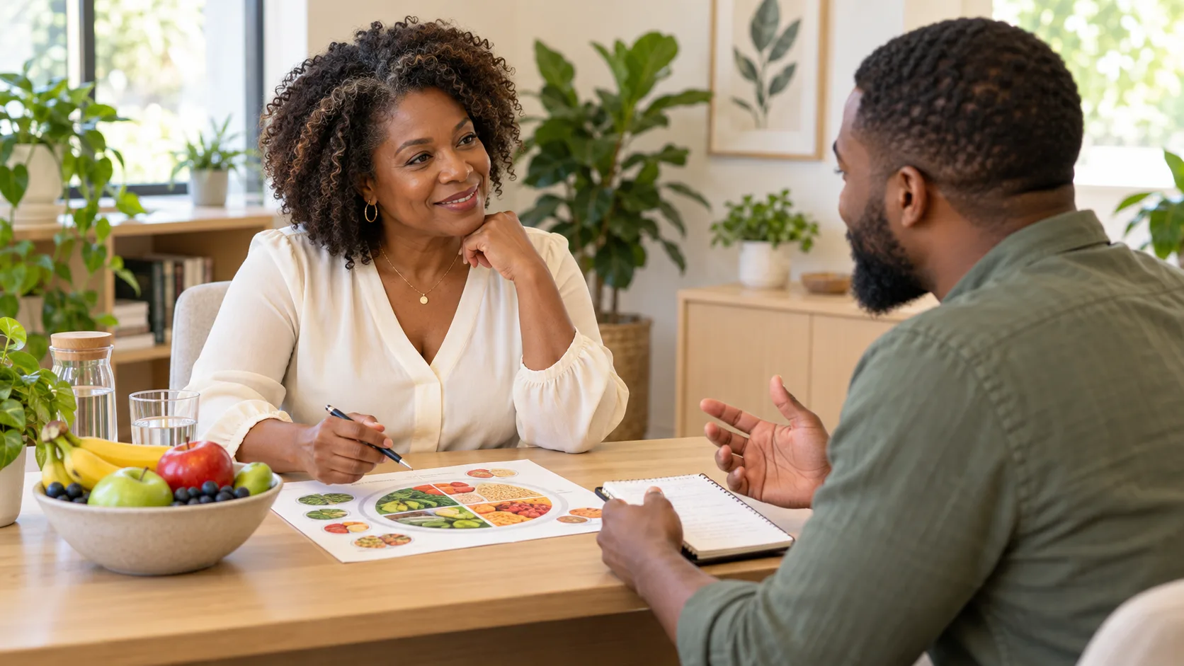 A dietitian and a client talk across a table with a plate-method chart, a notebook, and a bowl of fruit