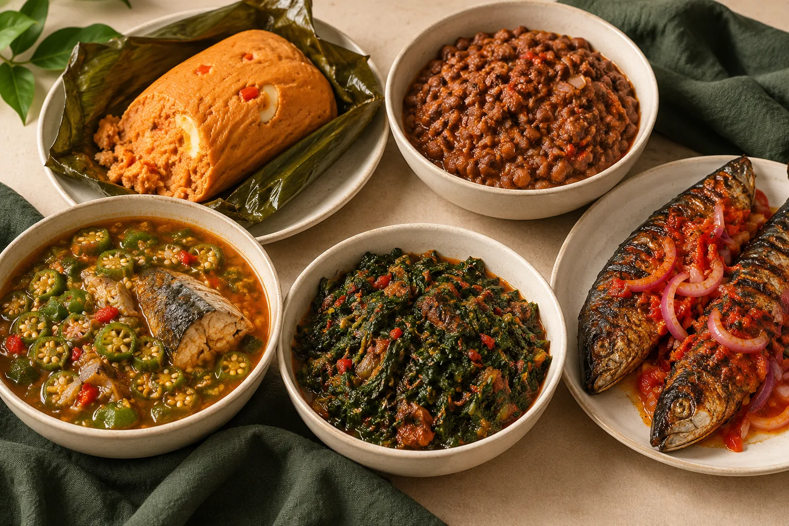 Nigerian moi moi, bean porridge, okra soup, efo riro, and grilled mackerel in serving dishes