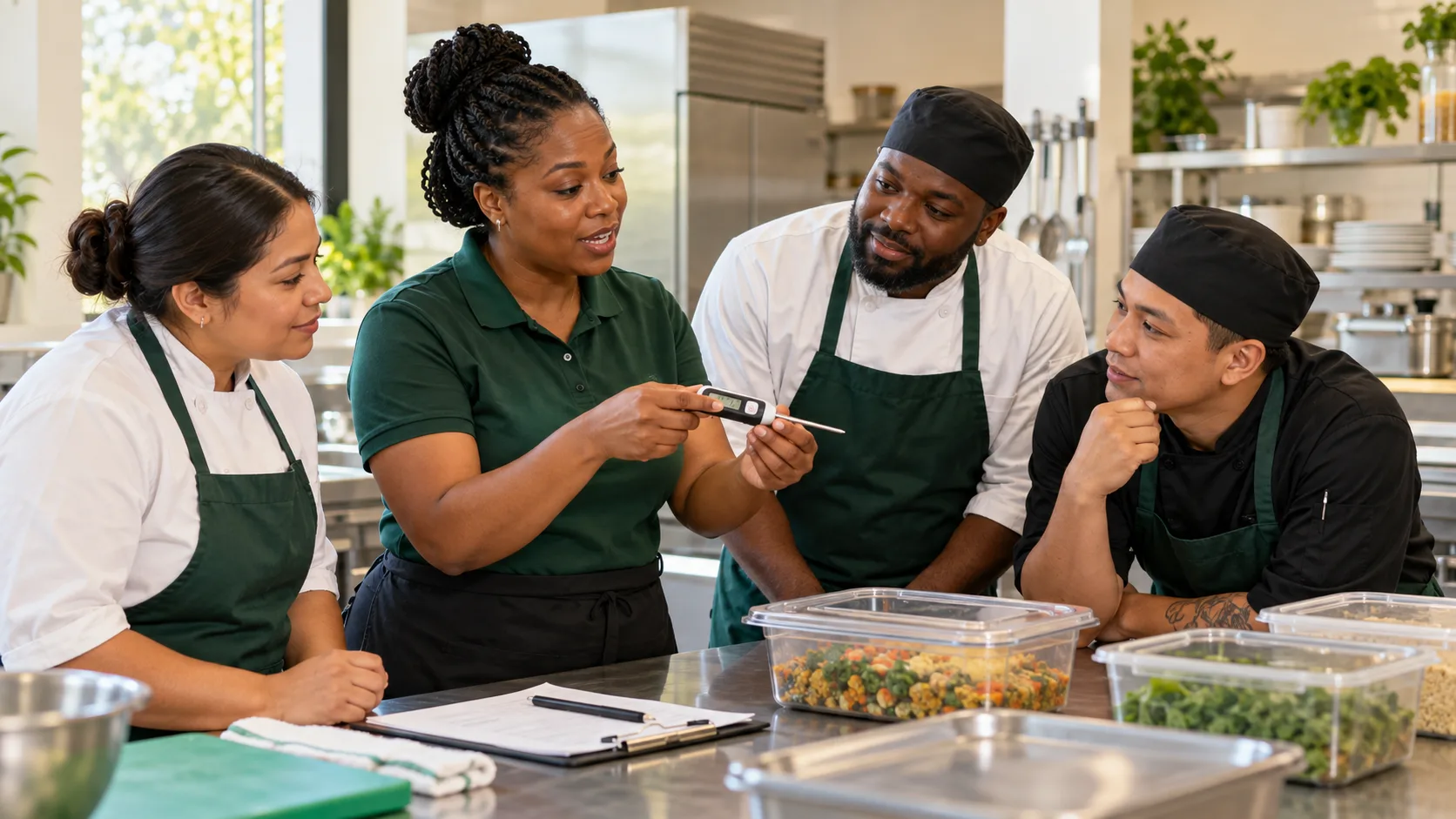 A food safety instructor shows a digital probe thermometer to three kitchen staff gathered around a prep table