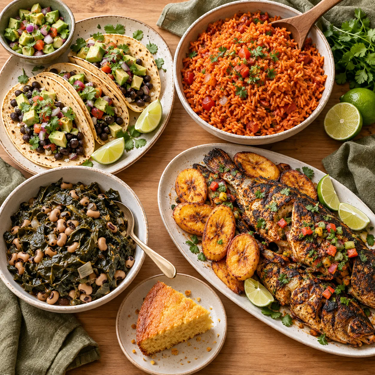 A shared table of jollof rice, tacos, grilled fish, plantains, collard greens, black-eyed peas, and cornbread
