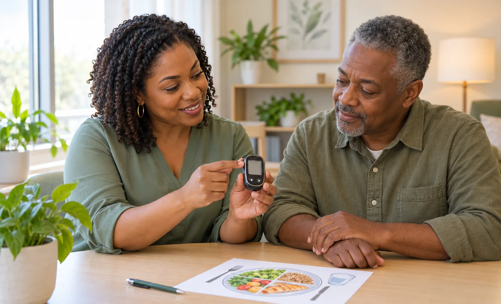 A diabetes educator shows an older man how to read a glucose meter at a kitchen table with a plate-method guide