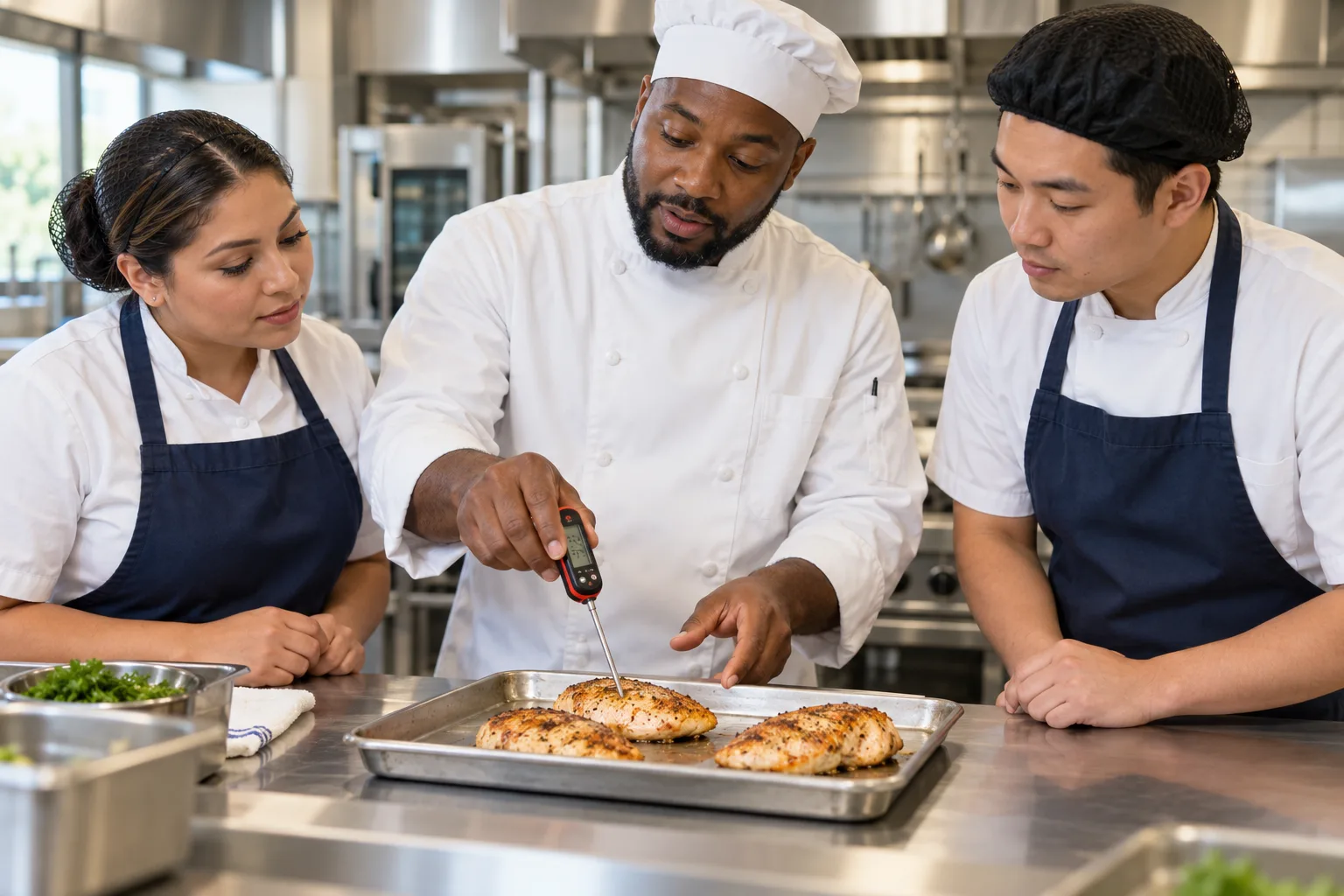 Food safety instructor demonstrating a probe thermometer to two kitchen trainees